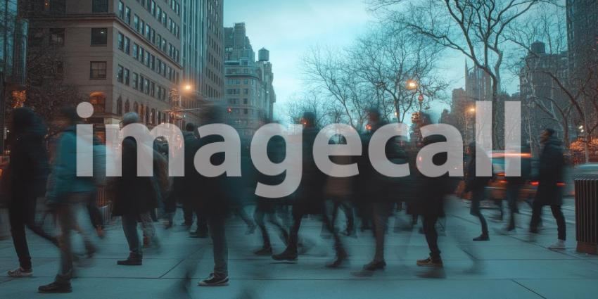 Morning Commute: Pedestrians Crossing a City Street in Warm Sunlight