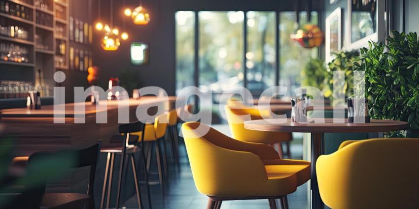 Modern Restaurant Interior with Colorful Chairs. Stylish dining space with large windows and a vibrant color scheme. Perfect for food, interior design, and restaurant themes.