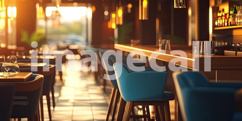 Modern Restaurant Interior with Colorful Chairs. Stylish dining space with large windows and a vibrant color scheme. Perfect for food, interior design, and restaurant themes.