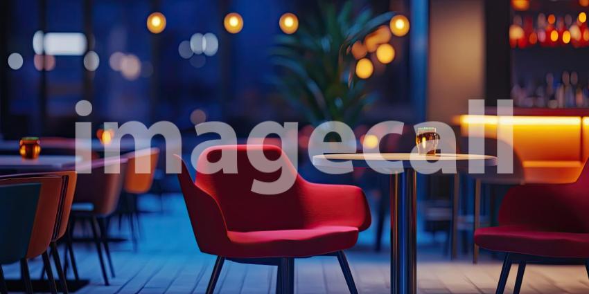 Modern Restaurant Interior with Colorful Chairs. Stylish dining space with large windows and a vibrant color scheme. Perfect for food, interior design, and restaurant themes.