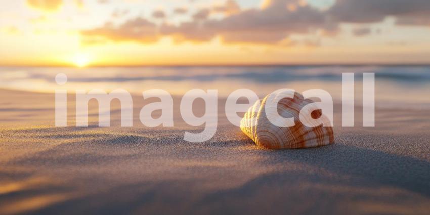 Seashell at Sunset on a Sandy Beach. A seashell sits on the sand with a vibrant sunset in the background. Perfect for beach, travel, and nature themes.