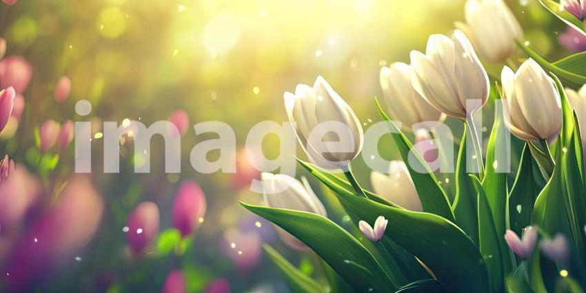 White Tulips in Sunlight. A field of blooming white tulips with a warm, sunny glow. Perfect for spring, nature, and floral themes.