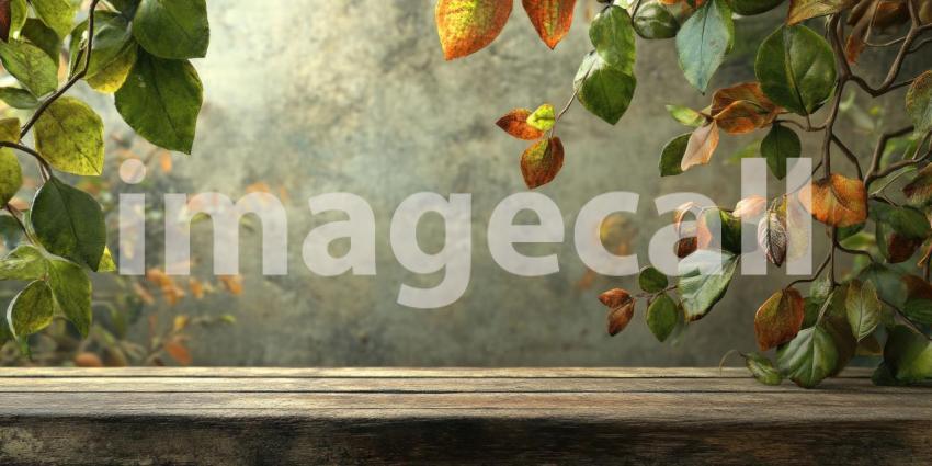 Spring Morning Tabletop Scene. Wooden table with blooming branches and a sunlit forest background. Perfect for nature, spring, and product display themes.