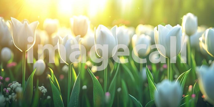White Tulips in Sunlight. A field of blooming white tulips with a warm, sunny glow. Perfect for spring, nature, and floral themes.