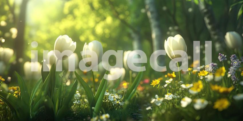 White Tulips in Sunlight. A field of blooming white tulips with a warm, sunny glow. Perfect for spring, nature, and floral themes.