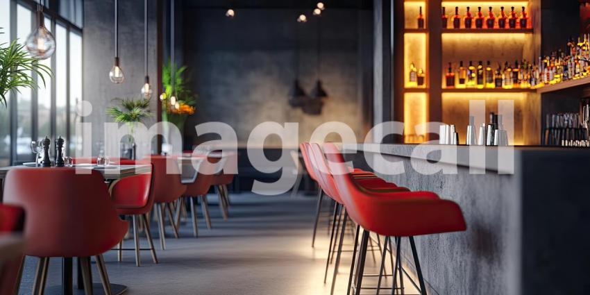 Modern Restaurant Interior with Colorful Chairs. Stylish dining space with large windows and a vibrant color scheme. Perfect for food, interior design, and restaurant themes.