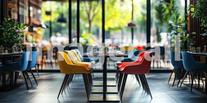 Modern Restaurant Interior with Colorful Chairs. Stylish dining space with large windows and a vibrant color scheme. Perfect for food, interior design, and restaurant themes.