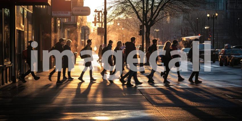 Morning Commute: Pedestrians Crossing a City Street in Warm Sunlight