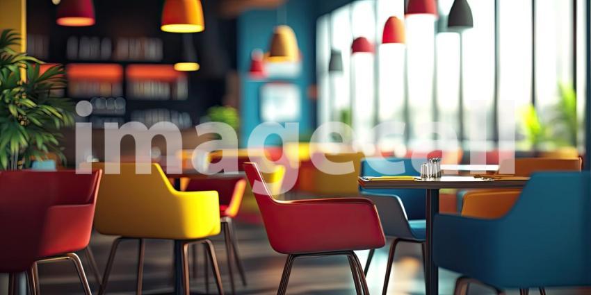 Modern Restaurant Interior with Colorful Chairs. Stylish dining space with large windows and a vibrant color scheme. Perfect for food, interior design, and restaurant themes.