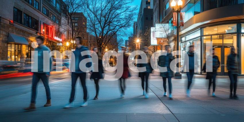 Morning Commute: Pedestrians Crossing a City Street in Warm Sunlight