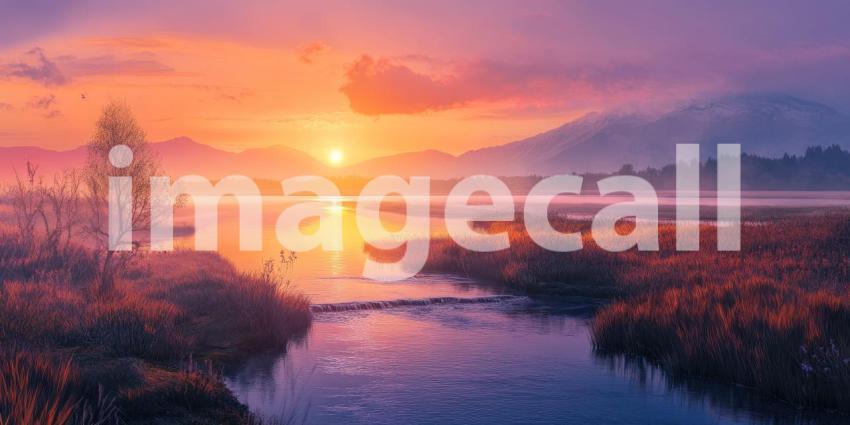 Serene Sunset Landscape. A breathtaking scene with a waterfall, blooming flowers, and a vibrant sunset over a mountain range. Perfect for nature, travel, and serenity themes.