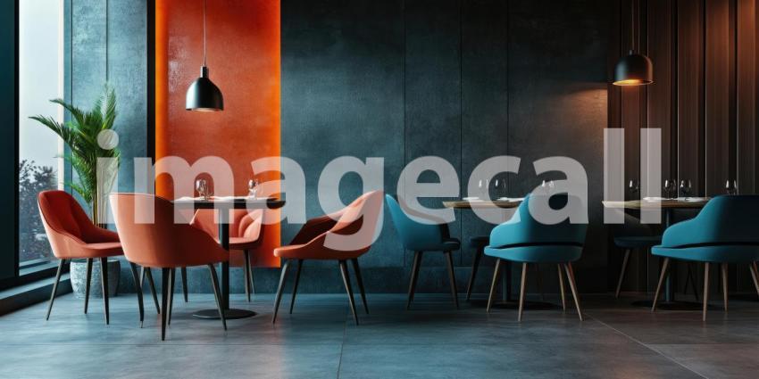 Modern Restaurant Interior with Colorful Chairs. Stylish dining space with large windows and a vibrant color scheme. Perfect for food, interior design, and restaurant themes.