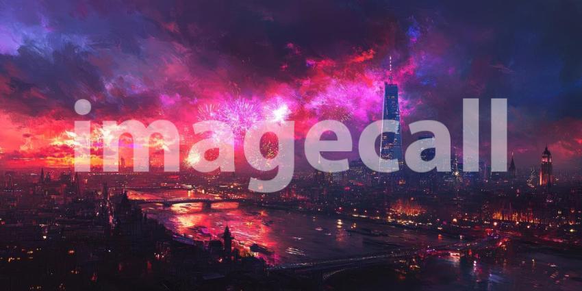 London Skyline with Fireworks. A vibrant cityscape with fireworks exploding over iconic landmarks. Perfect for travel, celebration, and cityscape themes.