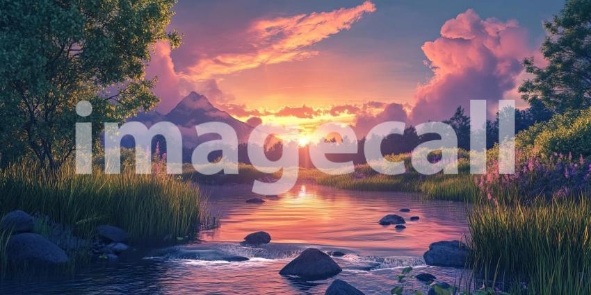 Serene Sunset Landscape. A breathtaking scene with a waterfall, blooming flowers, and a vibrant sunset over a mountain range. Perfect for nature, travel, and serenity themes.