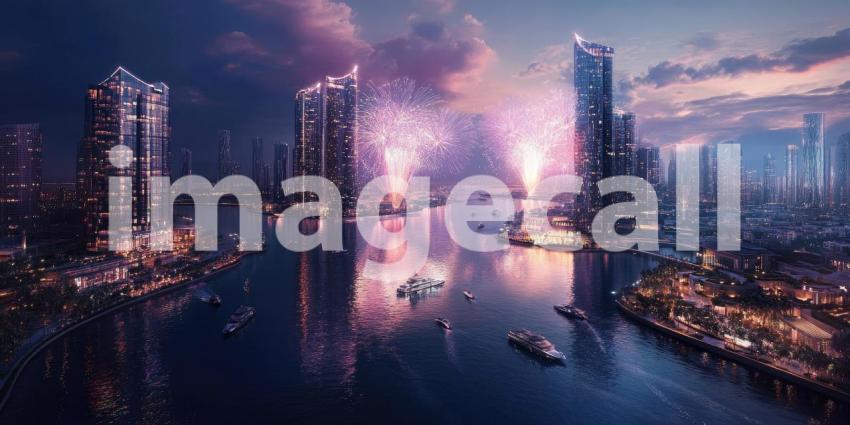 London Skyline with Fireworks. A vibrant cityscape with fireworks exploding over iconic landmarks. Perfect for travel, celebration, and cityscape themes.