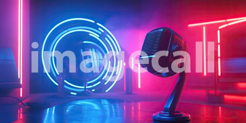 Retro Microphone on Stage. Vintage microphone illuminated by red spotlights on a dark stage. Perfect for music, performance, and entertainment themes.