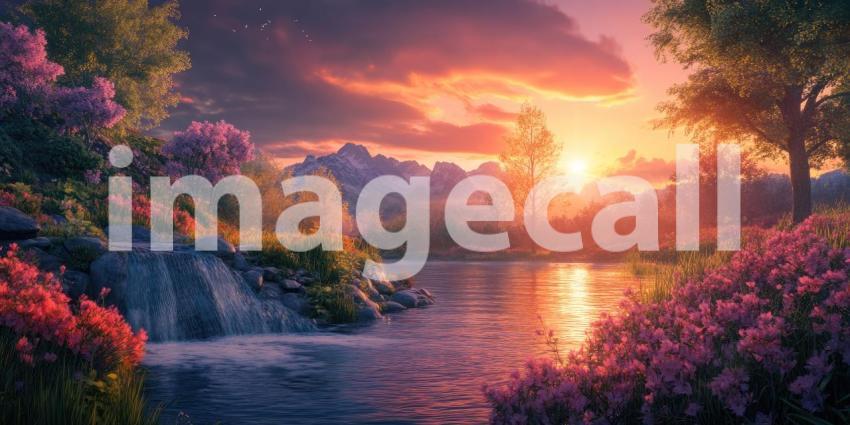 Serene Sunset Landscape. A breathtaking scene with a waterfall, blooming flowers, and a vibrant sunset over a mountain range. Perfect for nature, travel, and serenity themes.