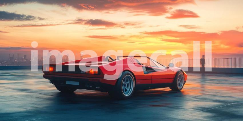 Vintage Sports Car at Sunset. A classic red convertible parked on a rooftop overlooking a city skyline at sunset. Perfect for automotive, luxury, and cityscape themes.