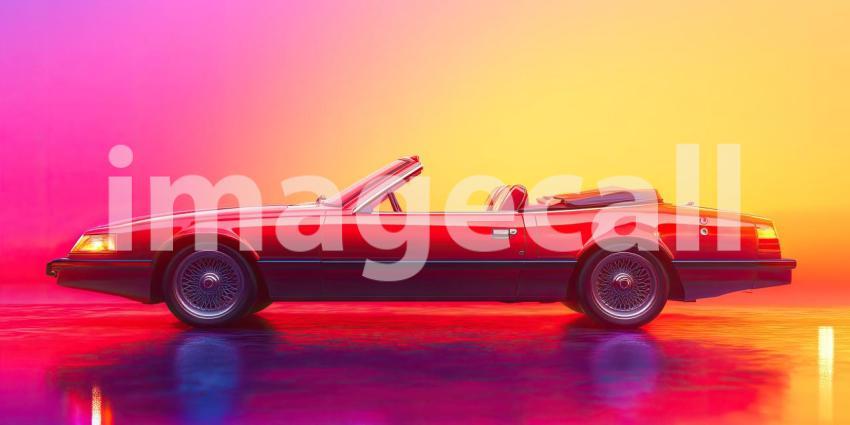 Vintage Sports Car at Sunset. A classic red convertible parked on a rooftop overlooking a city skyline at sunset. Perfect for automotive, luxury, and cityscape themes.