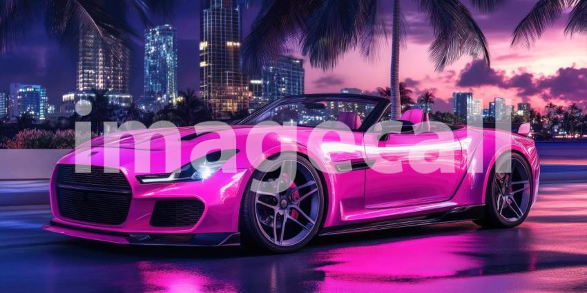 Vintage Sports Car at Sunset. A classic red convertible parked on a rooftop overlooking a city skyline at sunset. Perfect for automotive, luxury, and cityscape themes.