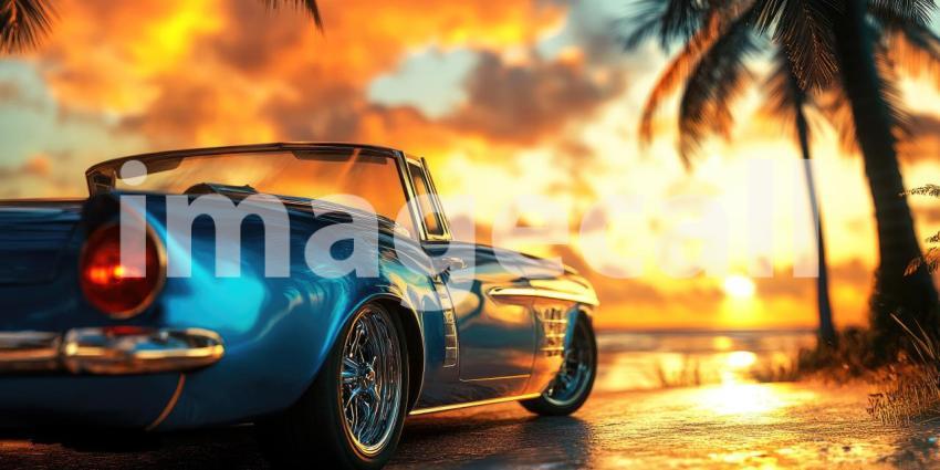 Vintage Sports Car at Sunset. A classic red convertible parked on a rooftop overlooking a city skyline at sunset. Perfect for automotive, luxury, and cityscape themes.
