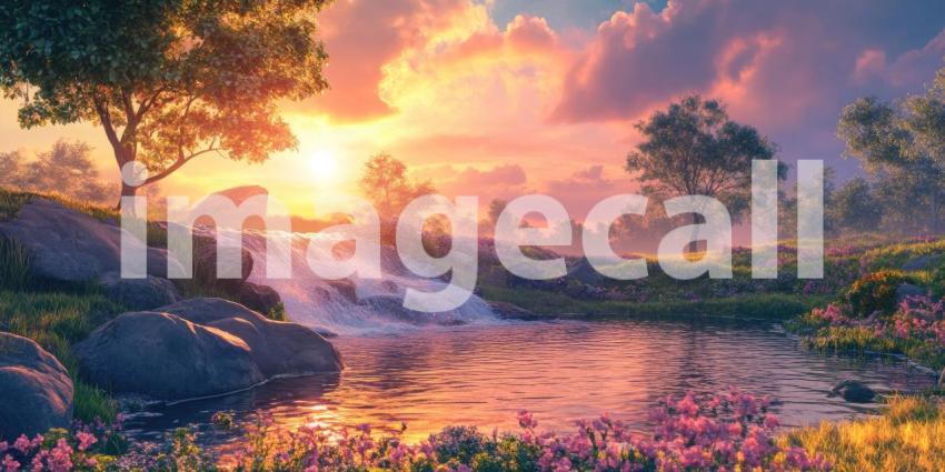 Serene Sunset Landscape. A breathtaking scene with a waterfall, blooming flowers, and a vibrant sunset over a mountain range. Perfect for nature, travel, and serenity themes.