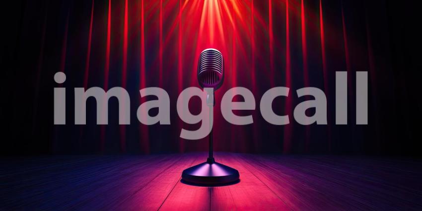 Retro Microphone on Stage. Vintage microphone illuminated by red spotlights on a dark stage. Perfect for music, performance, and entertainment themes.