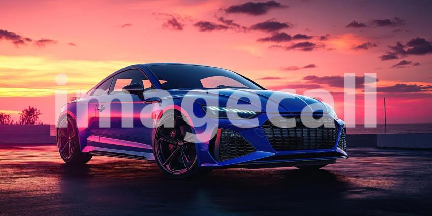 Red Sports Car in a Forest. A sleek, modified car parked on a forest road bathed in sunlight. Perfect for automotive, adventure, and nature themes.