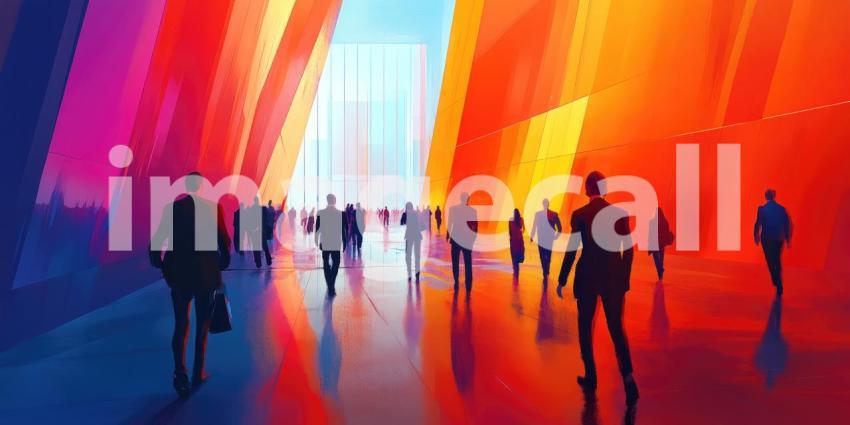 Dynamic Outdoor Gathering: People Walking and Running in Colorful Outfits Under a Sunny Sky