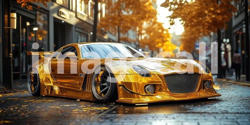 Red Sports Car in a Forest. A sleek, modified car parked on a forest road bathed in sunlight. Perfect for automotive, adventure, and nature themes.