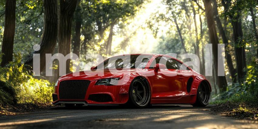 Red Sports Car in a Forest. A sleek, modified car parked on a forest road bathed in sunlight. Perfect for automotive, adventure, and nature themes.