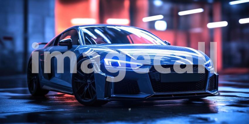 Red Sports Car in a Forest. A sleek, modified car parked on a forest road bathed in sunlight. Perfect for automotive, adventure, and nature themes.