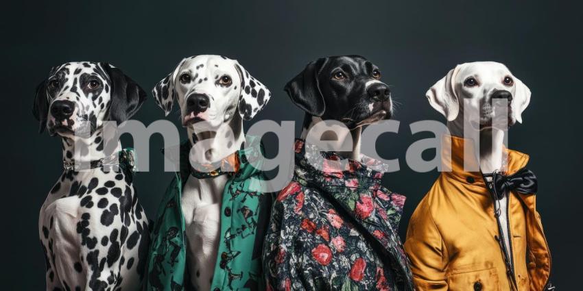 Party Time for Dalmatians. Five adorable Dalmatians wearing party hats and smiling for the camera. Perfect for birthday, celebration, and dog themes.