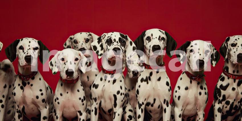 Party Time for Dalmatians. Five adorable Dalmatians wearing party hats and smiling for the camera. Perfect for birthday, celebration, and dog themes.