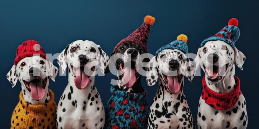 Party Time for Dalmatians. Five adorable Dalmatians wearing party hats and smiling for the camera. Perfect for birthday, celebration, and dog themes.