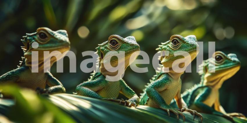 Colorful Lizards on a Branch. Four vibrant lizards perched on a branch in a lush green forest. Perfect for wildlife, nature, and exotic themes.