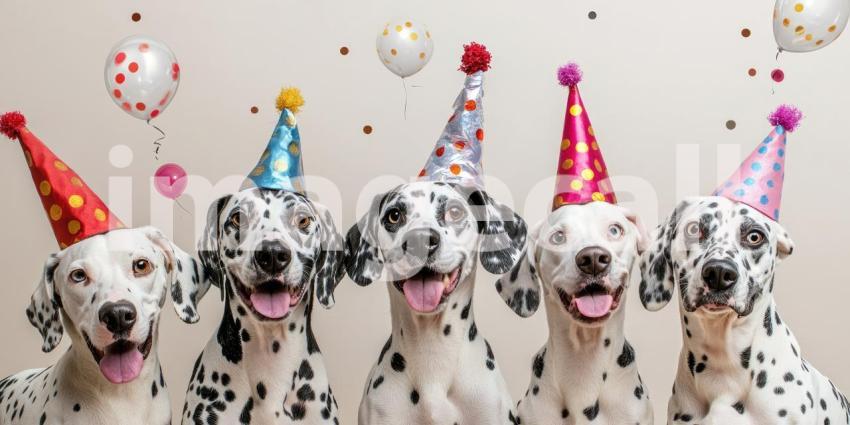 Party Time for Dalmatians. Five adorable Dalmatians wearing party hats and smiling for the camera. Perfect for birthday, celebration, and dog themes.