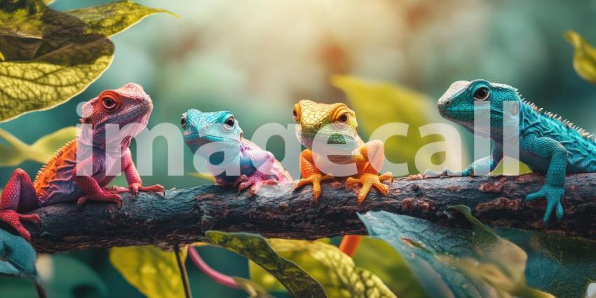 Colorful Lizards on a Branch. Four vibrant lizards perched on a branch in a lush green forest. Perfect for wildlife, nature, and exotic themes.