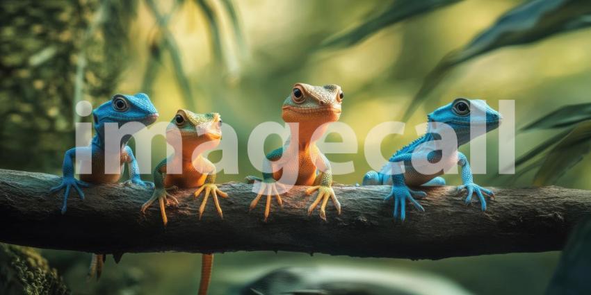 Colorful Lizards on a Branch. Four vibrant lizards perched on a branch in a lush green forest. Perfect for wildlife, nature, and exotic themes.