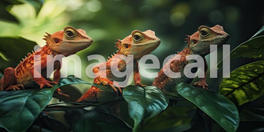 Colorful Lizards on a Branch. Four vibrant lizards perched on a branch in a lush green forest. Perfect for wildlife, nature, and exotic themes.