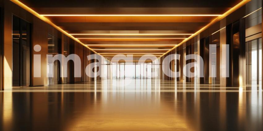 Luxury Hotel Corridor with Golden Accents. A grand hallway with a polished floor, golden ceiling lights, and a view of the city. Perfect for luxury, architecture, and interior design themes.