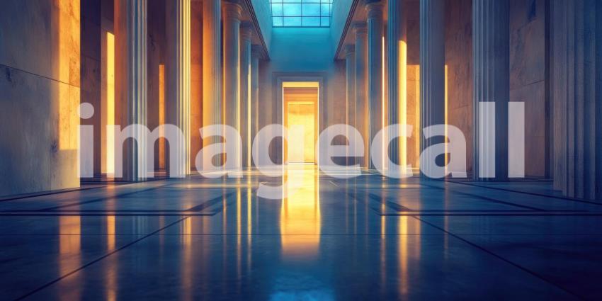 Luxury Hotel Corridor with Golden Accents. A grand hallway with a polished floor, golden ceiling lights, and a view of the city. Perfect for luxury, architecture, and interior design themes.