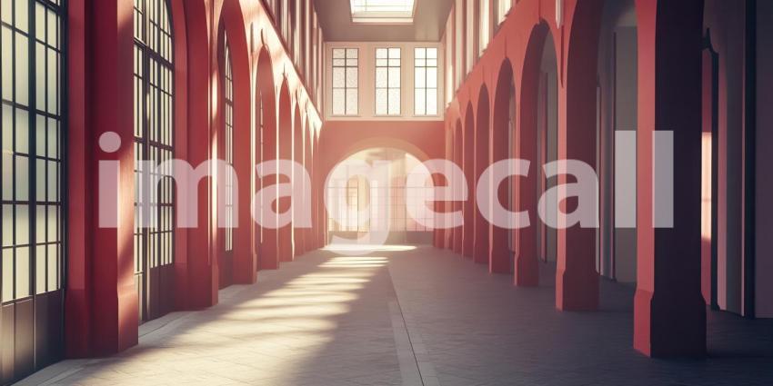 Luxury Hotel Corridor with Golden Accents. A grand hallway with a polished floor, golden ceiling lights, and a view of the city. Perfect for luxury, architecture, and interior design themes.