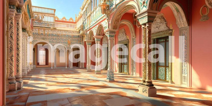 Luxury Hotel Corridor with Golden Accents. A grand hallway with a polished floor, golden ceiling lights, and a view of the city. Perfect for luxury, architecture, and interior design themes.