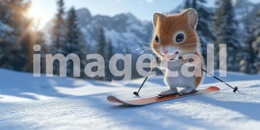 Skiing Hamster in Snowy Mountains. A cute hamster enjoying a winter adventure on skis with a stunning mountain backdrop.