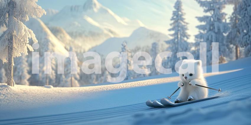 Skiing Hamster in Snowy Mountains. A cute hamster enjoying a winter adventure on skis with a stunning mountain backdrop.