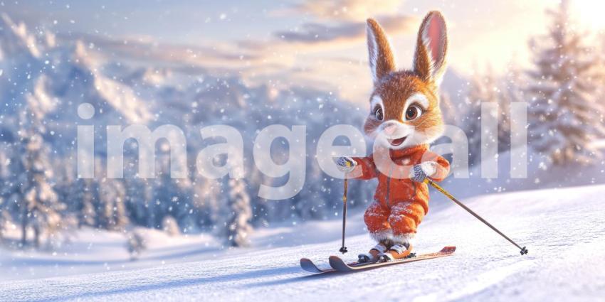 Skiing Hamster in Snowy Mountains. A cute hamster enjoying a winter adventure on skis with a stunning mountain backdrop.