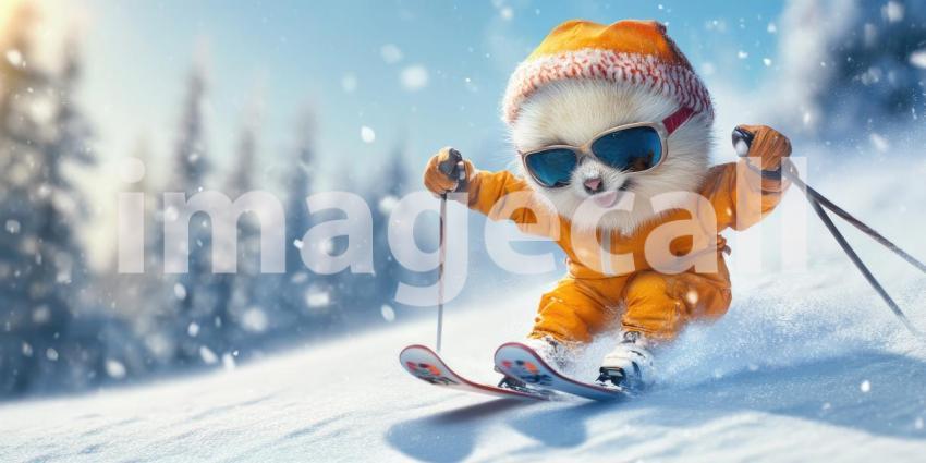 Skiing Hamster in Snowy Mountains. A cute hamster enjoying a winter adventure on skis with a stunning mountain backdrop.