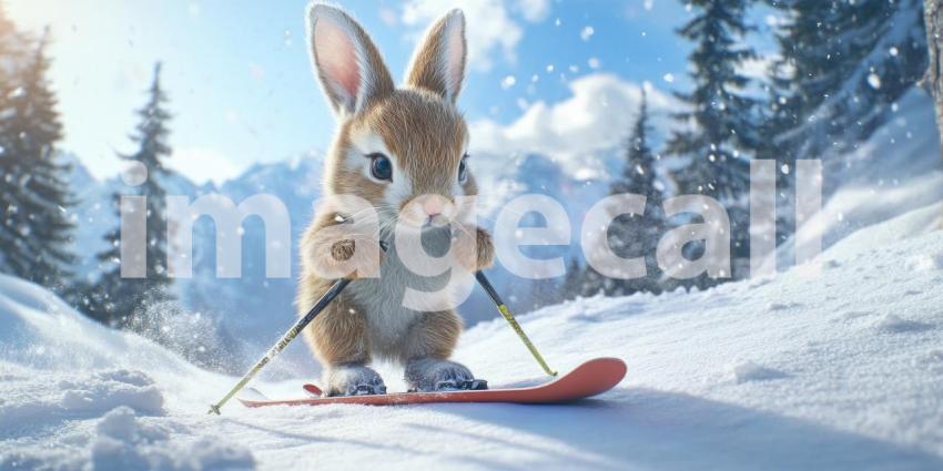 Skiing Hamster in Snowy Mountains. A cute hamster enjoying a winter adventure on skis with a stunning mountain backdrop.
