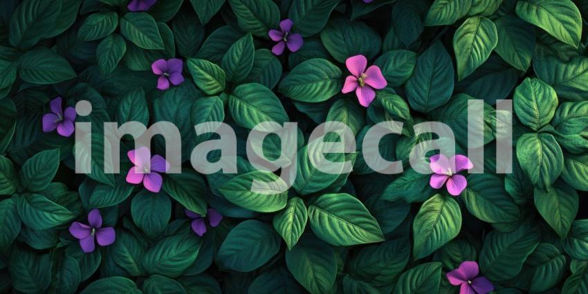 Purple Flowers in Lush Green Foliage. A vibrant texture of dark green leaves with scattered purple blossoms. Perfect for nature, botanical, and floral themes.